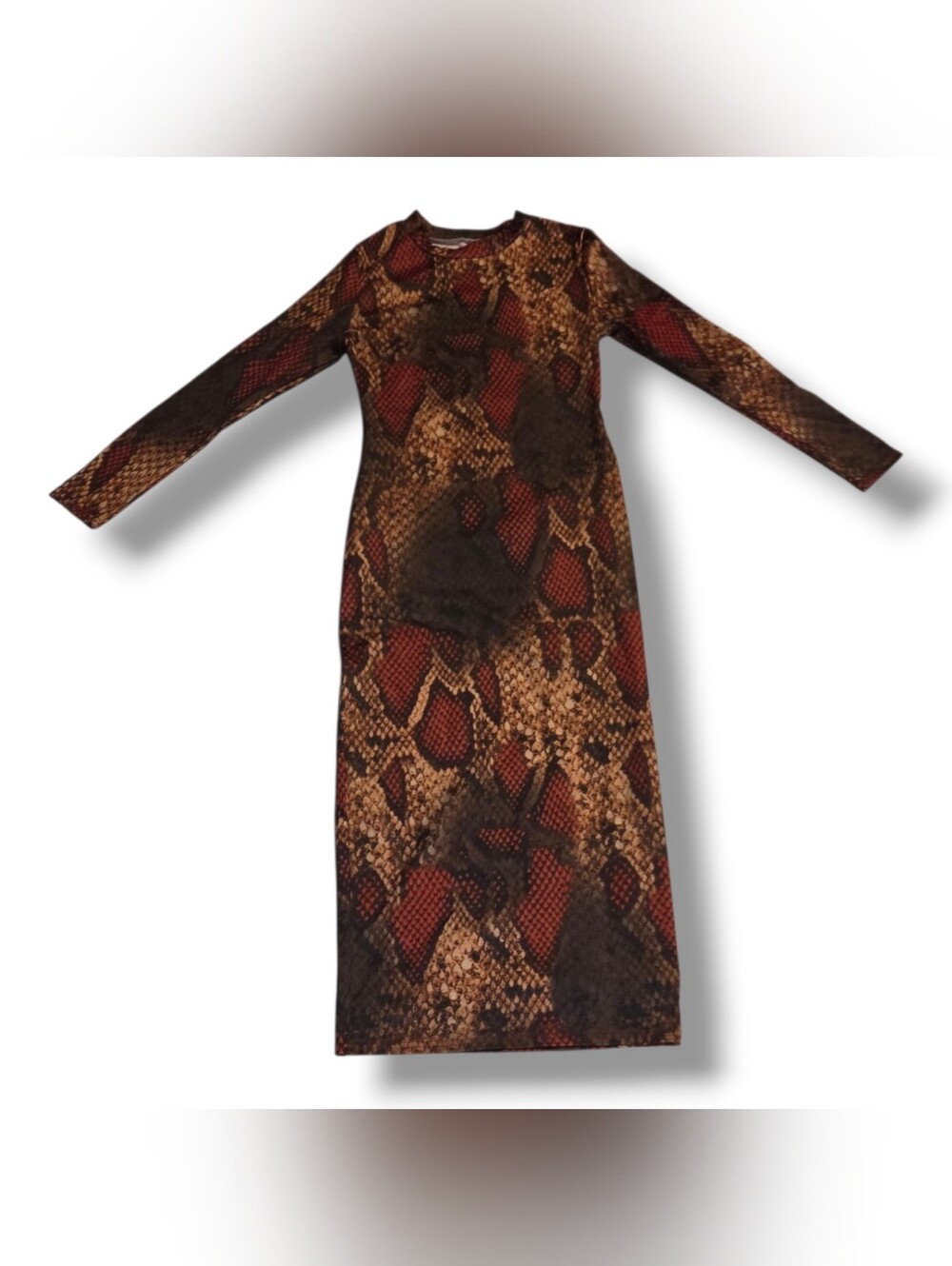 Long Sleeve Reptile-Print Dress in Brown and Red
